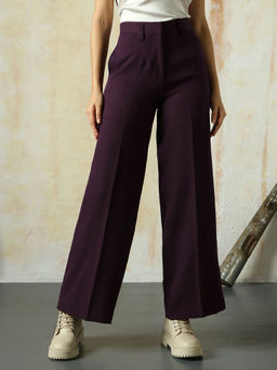 High Star - Wine Women Solid Wide Leg Trousers