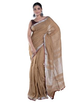 Boveee - Gold Dust Handloom Linen Saree With Zari Border with Unstitched Blouse