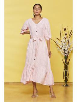 Jhambthread - Light Pink Flower Printed Rayon Maxi Dress