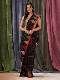 Angoshobha - Black Traditional Jamdani Cotton Saree with Unstitched Blouse