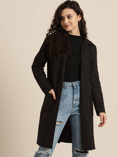 Solid Black Fleece Long Coat
