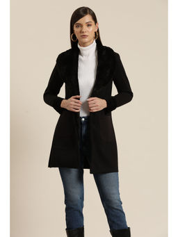 Qurvii - Black Rabbit Fur Collar Fleece Coat