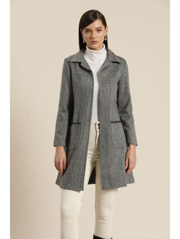 Qurvii - Harringbone Grey Notched Collar Long Coat