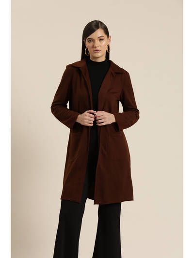 Solid Coffee Brown Fleece Long Coat
