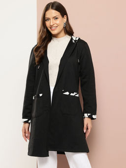 Qurvii - Black Long Overcoat with Printed Hoodie