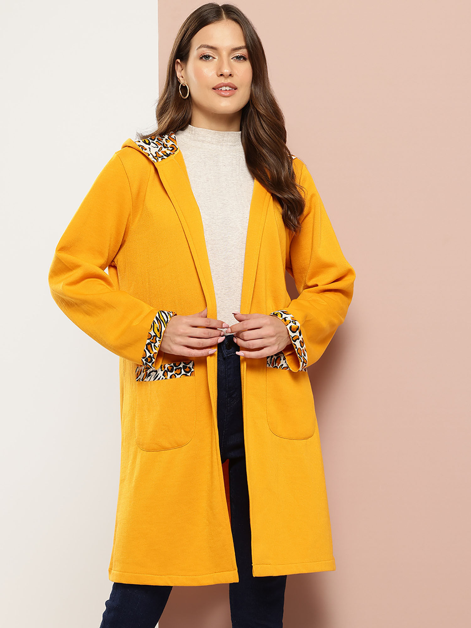 qurvii Yellow Long Overcoat with Printed Hoodie-picture-22