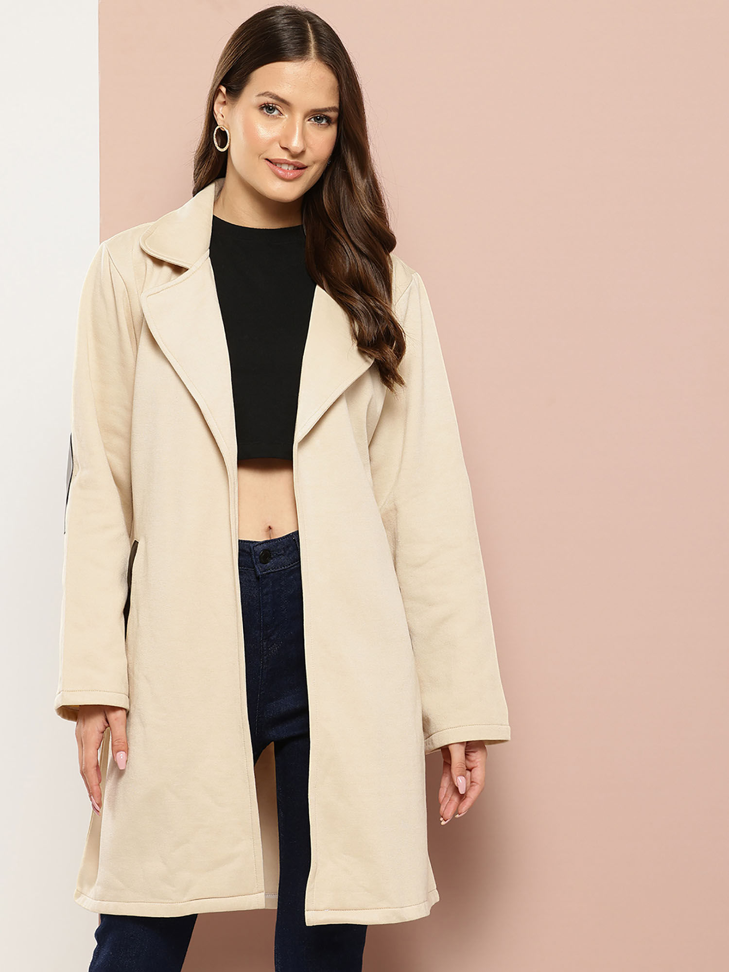 qurvii Beige Notched Lapel Collared Coat-picture-16