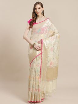 Banarasi Silk Works - Masrise Cotton Woven Saree Beige with Unstitched Blouse