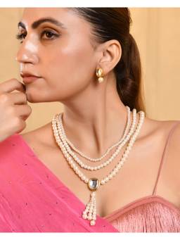 Silvermerc Designs - Kundan Pearl Mala with Tassel Pendant and Earrings