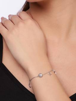 Kicky and Perky - 925 Sterling Silver Rainbow Moonstone Moon and Star Charm Bracelet (Adjustable)