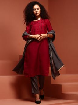 Imara - Red Embroidered Kurta (Set of 3)