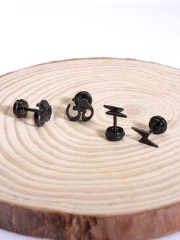 Yellow Chimes - Men Black Spark Star Om Stud Earrings Pack Of 2