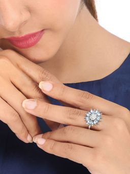 Yellow Chimes - Aquamarine Blue and White Crystal Stoned Sunflower Ring (8)