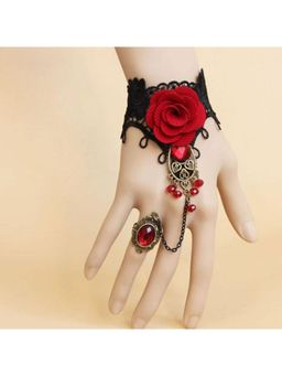 Yellow Chimes - Gothic Red Black Rose Harness with Adjustable Finger Ring Charm Bracelet