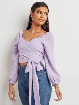 Styli - Lavender Wrap Waist Puff Sleeves Crop Top