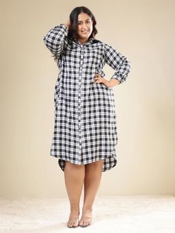 Amydus - Women Plus Size Black and White Checks Cotton Flannel Shirt Dress