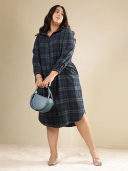 Amydus - Women Plus Size Navy Blue Checks Cotton Flannel Shirt Dress