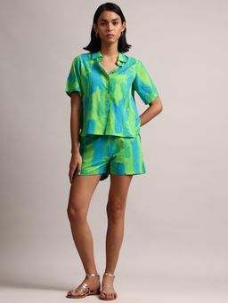 CUSTARD - Women Green and Blue Cotton Abstract Printed Co-Ord