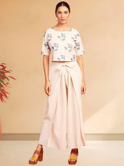 CUSTARD - Women Beige Cotton Hand Block Printed Crop Top and Pant