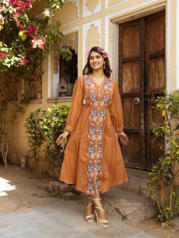 CUSTARD - Women Rust Cotton Embroidered Midi Dress