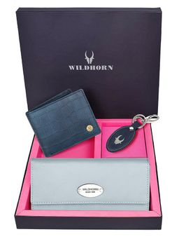 WILDHORN - Premium Leather Ladies Wallet, Mens Wallet and Keychain Gift -1K_EBL_2052BLCR_K (Set of 3)