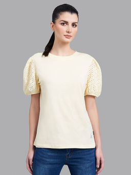 Beverly Hills Polo Club - Yellow Solid Eyelet Balloon Sleeve Tee