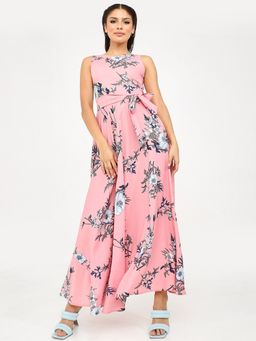 Styli - Pink Sleeveless Floral Print A-line Maxi Dress with Belt (Set of 2)