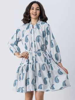 Moomaya - Long Sleeve Summer Teal Belted Dress For Women (Set of 2)