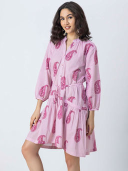 Moomaya - Long Sleeve Summer Pink Belted Dress For Women (Set of 2)