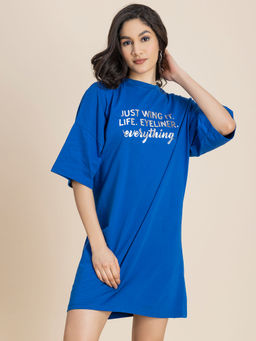 Moomaya - Solid Loose Fit T-shirt Blue Dress For Women
