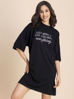 Moomaya - Solid Loose Fit T-shirt Black Dress For Women