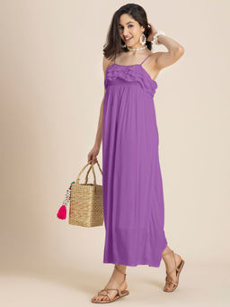 Moomaya - Women Solid Maxi Chic Frill Summer Lavender Dress