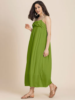 Moomaya - Women Solid Maxi Chic Frill Summer Light Green Dress
