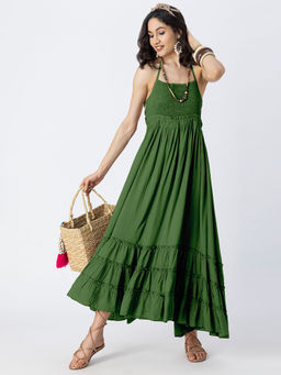 Moomaya - Backless Style Maxi Tiered Green Dress