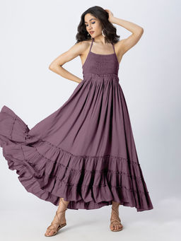 Moomaya - Backless Style Maxi Tiered Mauve Dress