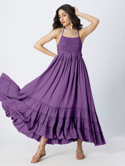 Moomaya - Backless Style Maxi Tiered Purple Dress