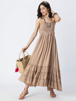 Moomaya - Backless Style Maxi Tiered Beige Dress