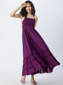 Moomaya - Backless Style Maxi Tiered Violet Purple Dress