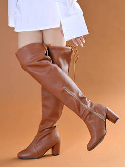 HVNLY by Shoetopia - Womens Tan Over-The-Knee Block Heeled Casual Boots