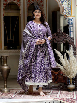 Doriyaan - Women Purple Cotton Floral Gota Lace Work Anarkali Kurta & Dupatta (Set of 2)