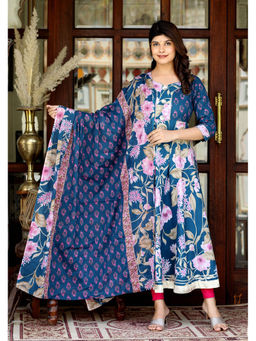 Doriyaan - Women Flower Blue Anarkali Kurta with Beautiful Border Details & Dupatta (Set of 2)