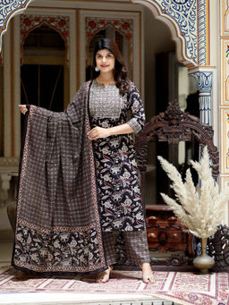 Doriyaan - Women Multi Colour Floral Embroidery Yoke Design Kurta with Pant & Dupatta (Set of 3)