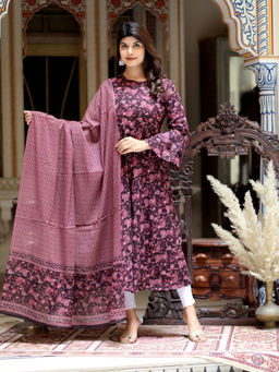 Doriyaan - Women Floral Printed Bell Sleeve Purple Anarkali Kurta with Dupatta (Set of 2)