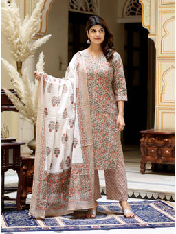 Doriyaan - Women Brown Floral Print Cotton Kurta with Palazzo & Dupatta (Set of 3)