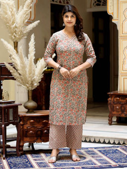 Doriyaan - Women Brown Floral Printed Kurta with Palazzo (Set of 2)