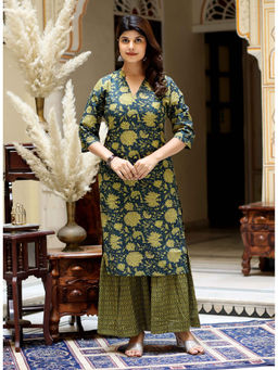 Doriyaan - Women Green Cotton Floral Printed Kurta with Sharara (Set of 2)
