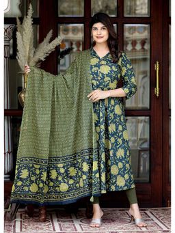 Doriyaan - Women Cotton Floral Print Green Gorgeous Look Anarkali Kurta with Dupatta (Set of 2)