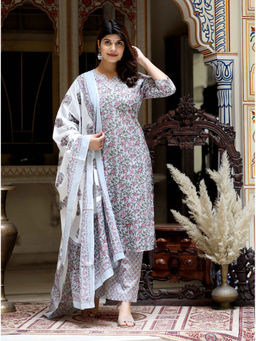 Doriyaan - Women Blue Floral Print Cotton Kurta with Palazzo & Dupatta (Set of 3)