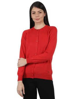 Monte Carlo - Womens Pure Wool Red Solid Round Neck Cardigan