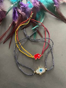 Digital Dress Room - Designer Rakhi Red Elephant Diamond Hamsa Evil Eye Charm Thread (Pack of 2)